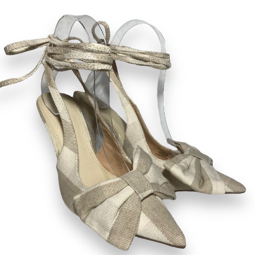 ASOS Women Linen Lace Up High Heels Shoes Size US 6 UK 4 Grayish Beige Bow Front